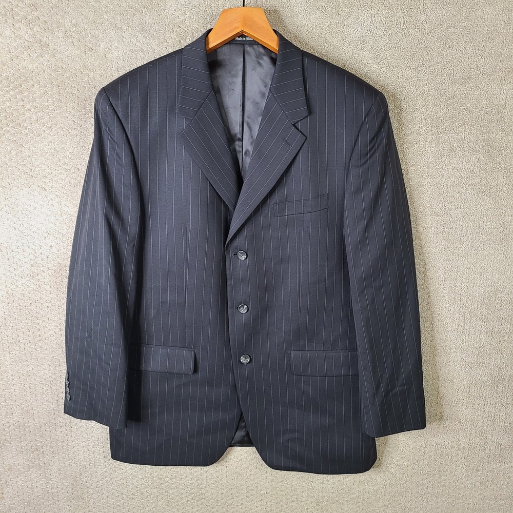 Chaps Jacket Mens 42L Black Striped Blazer 3 Button Wool Suit Coat Formal